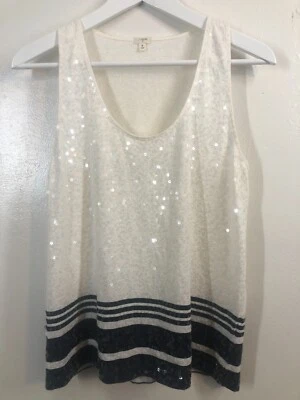 J. CREW Sequin Tank Top Sz S Ivory Striped Navy Blue Racer Back EUC - Image 1 of 4