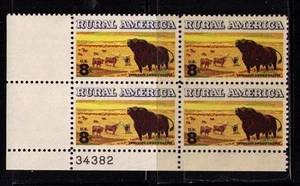 US USA Sc# 1504 MNH FVF PLATE# BLOCK Rural Angus Longhorn Cattle Bull Prairie - Picture 1 of 1