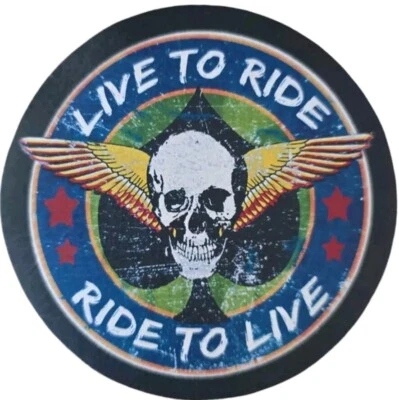 "LIVE TO RIDE" SKULL ACE OF SPADE WINGS BIKER MC SEW ON LEATHER PATCH 3 INCH - Image 1 of 3