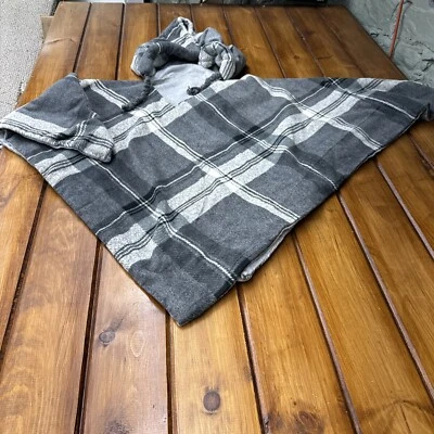 Vintage Womens Hooded  Gray Striped Poncho Wool Winter Fall - Image 1 of 4
