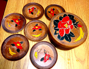 A Fine Carved Turned Wood Japanese Box with Coaster Set. Made in Occupied Japan