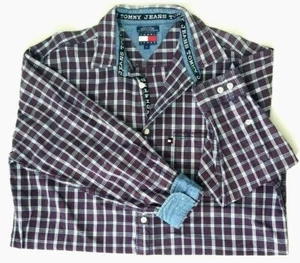Tommy Jeans Button Front Plaid Shirt Mens Size Large Denim Cuffs Red Hilfiger - Picture 1 of 7