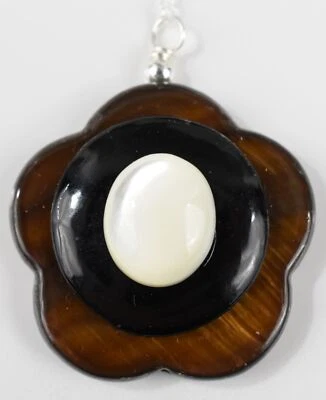Elegante colgante de madreperla y ónix marrón en capas de ley con cadena de 18" Foto 1 de 4