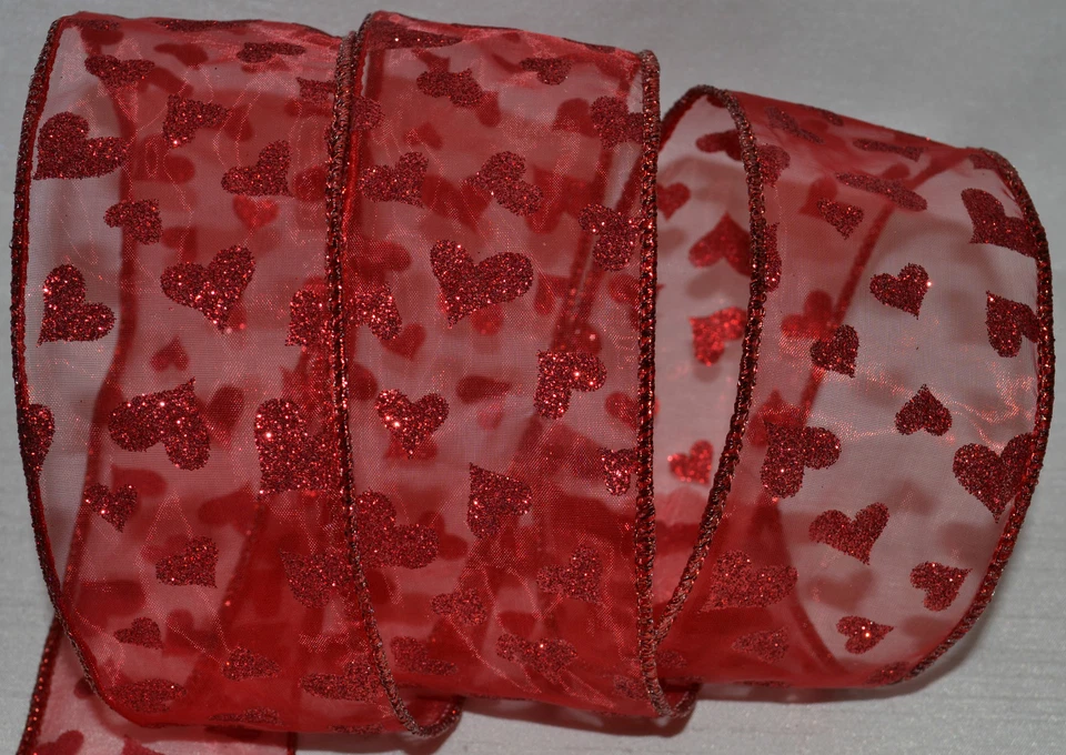 Cinta con cable ~ Transparente ~ Rojo brillante de San Valentín ~ Corazón brillante de jazz ~ 2.5" ~ Corona ~ Regalo ~ Arco Foto 1 de 1