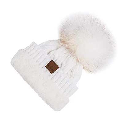  Gorro feminino inverno Pom Pom gorro forrado de lã quente, robusto branco médio-grande - Imagem 1 de 4