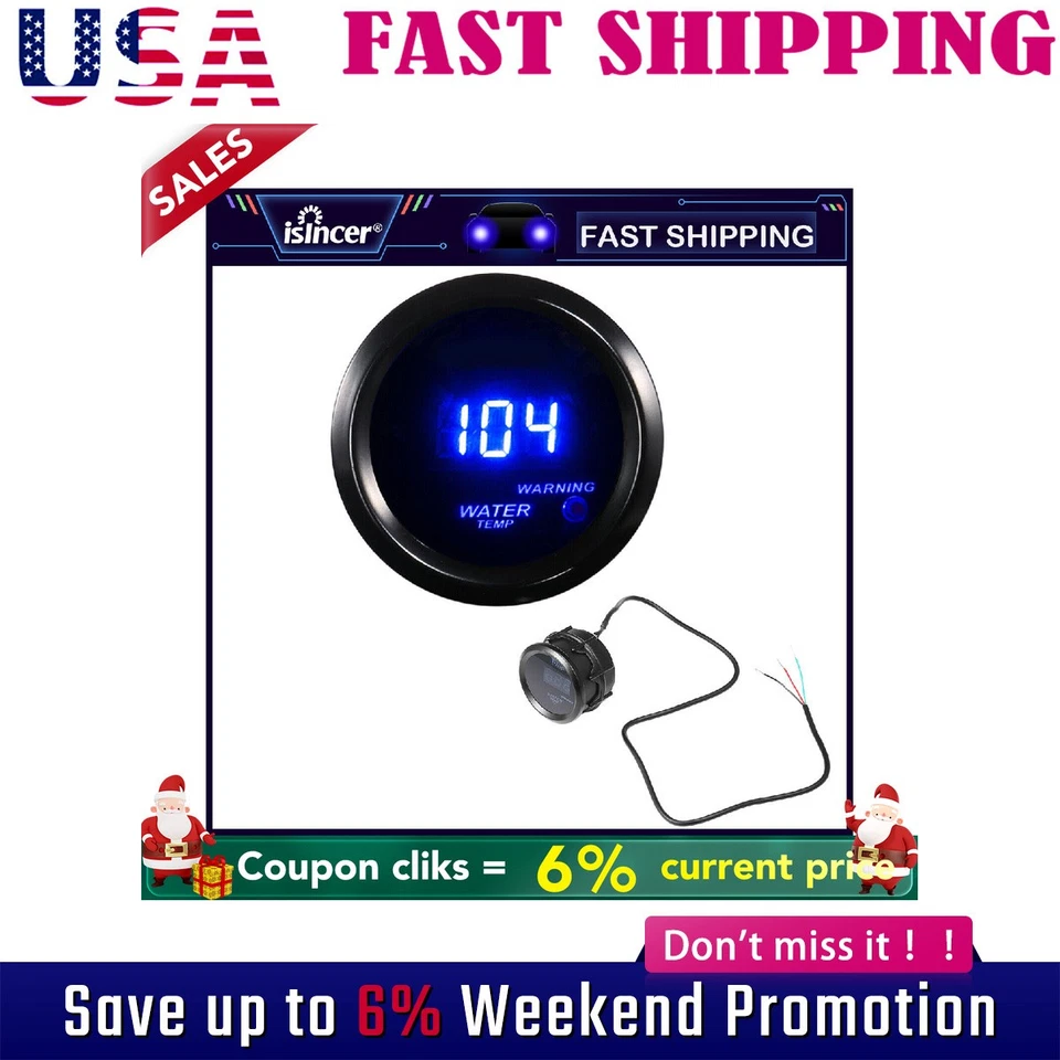 Car Black 2" 52mm Blue Digital LED Electronic Water Temp Temperature Gauge USA - Изображение 1 из 4