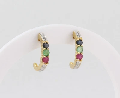 18k Gold Over Sterling Silver Natural Sapphire, Emerald, Ruby, Diamond Earrings - Image 1 of 4