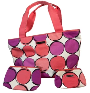 Bolso de Mano Jim Thompson Mujer Naranja Púrpura Estampado Círculo-RARO Dos Bolsas de Cosméticos - Imagen 1 de 19