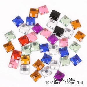 100 Assorted Faceted Beads Rhinestones Gem 10mm Square Flat Back Sew On HOLED - Picture 1 of 3