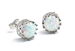 WHITE OPAL 8mm (1.5ct each} CROWN STUD EARRINGS .925 STERLING SILVER - Picture 1 of 3