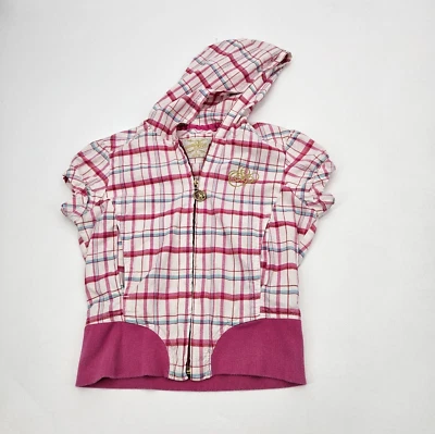 Y2K South Pole Plaid Girls' Zip Hoodie Size 7/8 Pink White Blue Full Zip Knit - Image 1 of 4