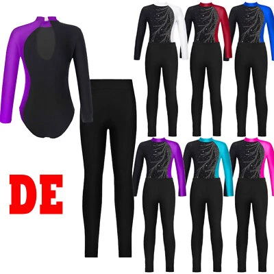 DE Mädchen Glitzer Ballett Trikot Langarmbody mit Hose Kinder Gymnastikanzug  - Bild 1 von 4