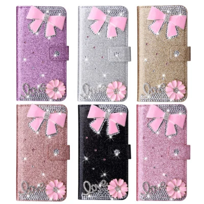 Bowknot Bling Flip Folio Wallet Phone Case For iPhone 11 12 13 14 15 ProMax Plus - Image 1 of 4