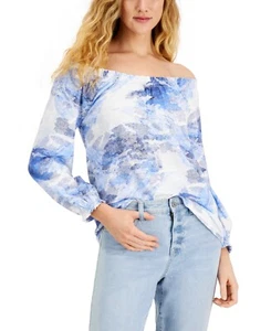 MSRP $38 Style & Co Cotton Printed Off-The-Shoulder Top Navy Size Medium - Picture 1 of 1