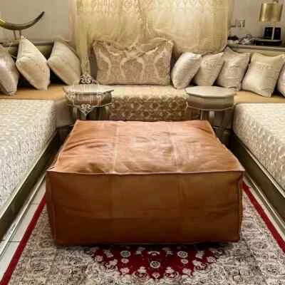 Leather Pouffe Ottoman Moroccan Footstool Genuine Unstuffed New Pouf Handmade - Image 1 of 4