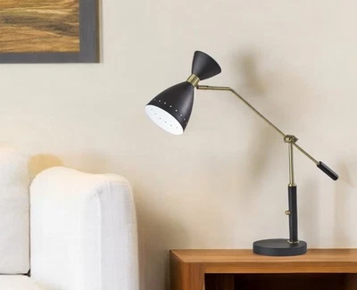 32" Black And Gold Metal Desk Lamp With Cinched Cone Shade - Image 1 of 4