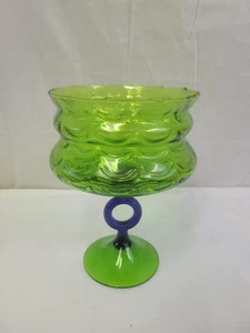 VTG MCM Italian EMPOLI DRAPED Green Optic Glass Blue Keyhole Stem Giant Compote - Picture 1 of 11