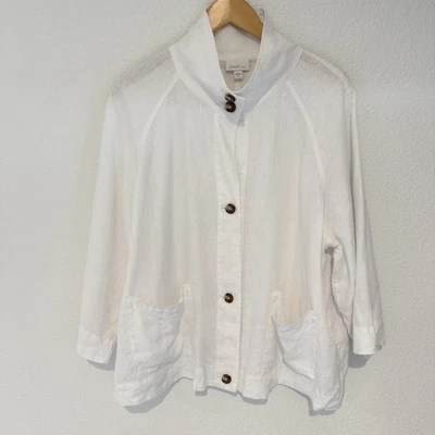 JJill Purejill Linen Button Jacket XL White 3/4 Sleeve Pockets Boxy Lagenlook - Image 1 of 4