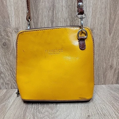 Vera Pelle Florence Small Leather Crossbody Purse Bag Yellow Brown Made In Italy - Image 1 of 4