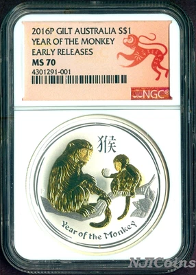 2016 P Australia GILDED Silver Lunar Year of Monkey NGC MS 70 1 oz Coin w/OGP - Image 1 of 4