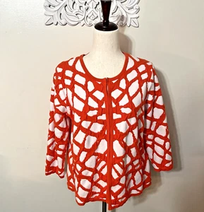KASPER Women's MEDIUM Knit Cardigan Sweater Jacket 3/4 Sleeve WHITE ORANGE - Picture 1 of 11
