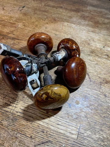 2 SETS AND EXTRA Antique Door Handle Knobs Brown Marble Tiger Swirl Bennington Cover