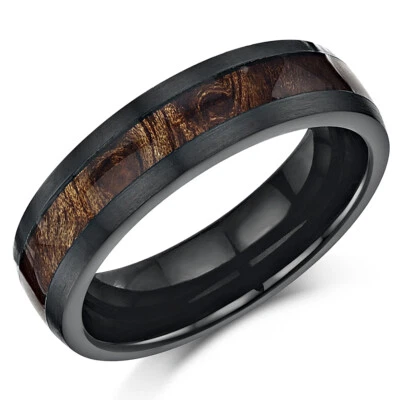 Anillo de boda de titanio negro de 6 mm con incrustación de madera de koa madera genuina Foto 1 de 2