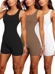 Womens Ribbed Jumpsuit Ladies Strap Bodycon Seamless Cami Romper Stretch Unitard - Picture 1 of 9