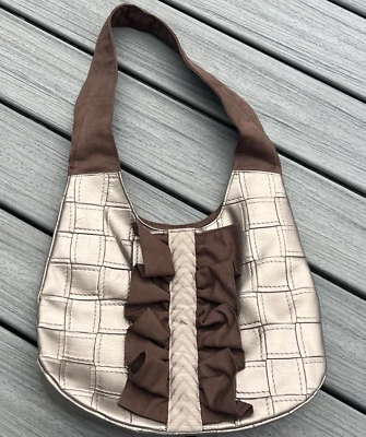 Annie Bag Basket Weave Soft Gold & Brown Shoulder Handbag Ruffle Y2K - Image 1 of 4