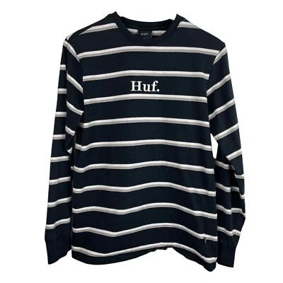 Camisa HUF Talla Mediana Negra Blanca Gris Rayas Logo Manga Larga Skate Surf Retro Foto 1 de 4