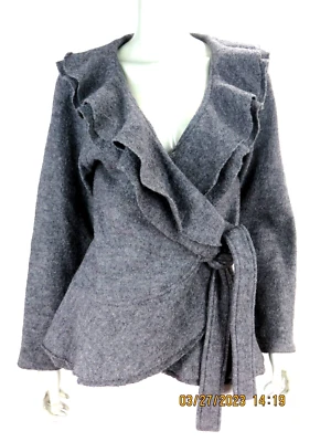 Cárdigan Suéter Sarah Spencer Talla S 100% Lana Carbón Grueso Abierto con Cinturón Volantes Foto 1 de 4