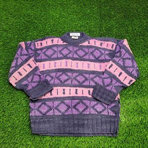Vintage 90s Geometric Diamond Wool Knitted Sweater Womens Large Purple Pink Blue