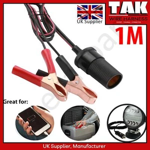 Alligator Crocodile Clip Battery to Car Cigarette Lighter Female Socket 1m Lead - Picture 1 of 9