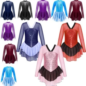 Girls Kids Skating Dress Ballet Dance Leotard Long Sleeves Costumes Dancewear - Picture 1 of 84