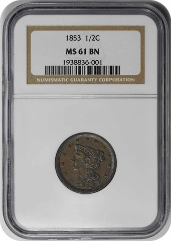 1853 Half Cent MS61BN NGC Cover