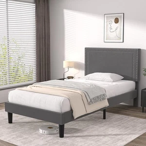 Twin Size Platform Bed Frame with Height Adjustable Upholstered Headboard, Mo... - Picture 1 of 7