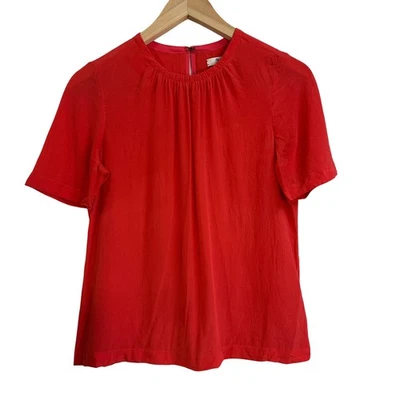 Madewell 女式红色丝绸短袖褶皱圆领上衣 XS — 第 1/4 张图片
