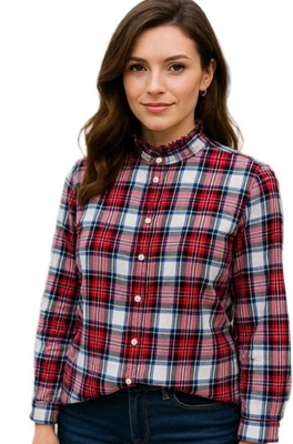 J Crew Red Tartan Plaid Button-Up Blouse Ruffed High Neck Size Medium Holiday - Image 1 of 4