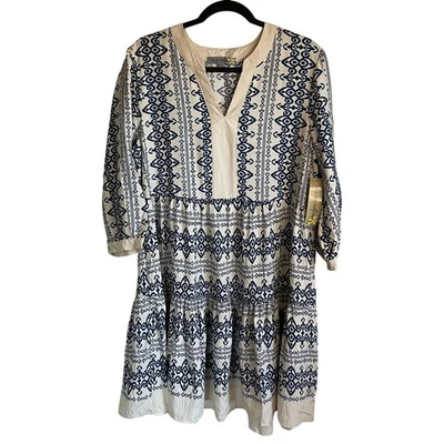 Vestido Boho Figueroa & Flower Nuevo con Etiquetas Escote en V Azul Crema Geo Estampado Talla L Foto 1 de 4