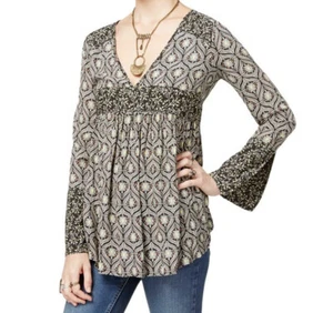 Free People Women’s Size S Floral V-Neck Bell Sleeve Tunic Top Boho Casual - Picture 1 of 11