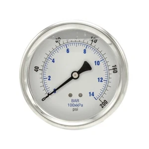 LIQUID FILLED PRESSURE GAUGE 0-200 PSI, 4" FACE, 1/4" BACK MOUNT - Picture 1 of 2