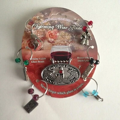 CHARMING WINE FINDERS-SET OF 7,6 玻璃标记和瓶标记,全新 — 第 1/4 张图片