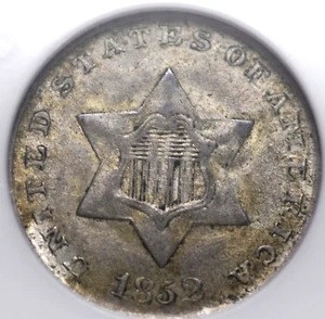 1852 THREE CENT SILVER NGC VERY CHOICE AU 58 CRUSTY OLDE TYME PEWTER AND BRASS - Picture 1 of 8