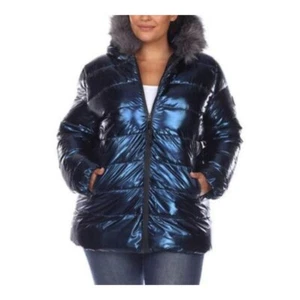 White Mark Plus Size Metallic Hooded Puffer Coat Women's 1XL Navy Zip Closure~ - Picture 1 of 14