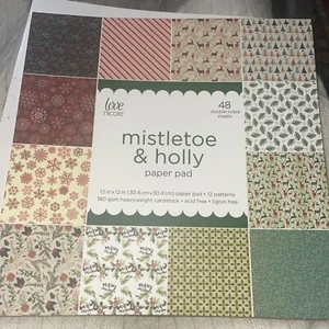 12x12  ~ 48 Double Sided Sheets Cardstock Pad MISTLETOE & HOLLY New - Picture 1 of 7