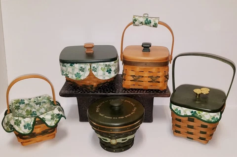 Lot 5 LONGABERGER SAINT PATRICK'S DAY BASKETS Set Shamrock Liners Lids Bowl Cover