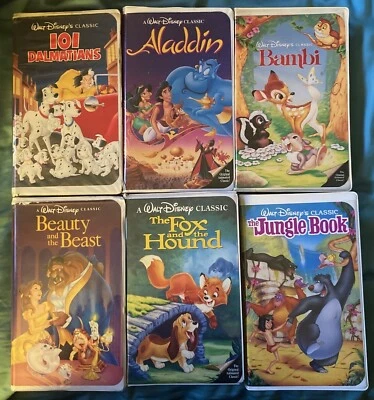 6 Disney Black Diamond VHS Tapes Aladdin Bambi Beauty Fox & Hound Jungle Book - Image 1 of 4