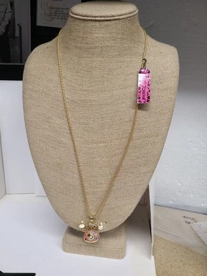 BETSEY JOHNSON SWEET PINK ROTARY TELEPHONE LUCITE CRYSTAL & ENAMEL GOLD PENDANT - Image 1 of 2