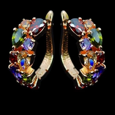 18k Gold Plated Lab-Created Multicolor Sapphire Gemstone Crescent Hoop Earrings - Image 1 of 4