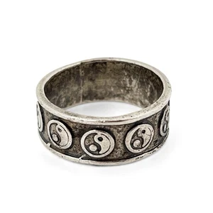 925 Sterling Silver - Vintage Oxidized Yin Yang Pattern Band Ring Sz 9.5 - Picture 1 of 7